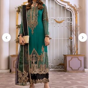 Embellished Teal Dress with Gold Accents Pakistani salwar kameez 3 piece
